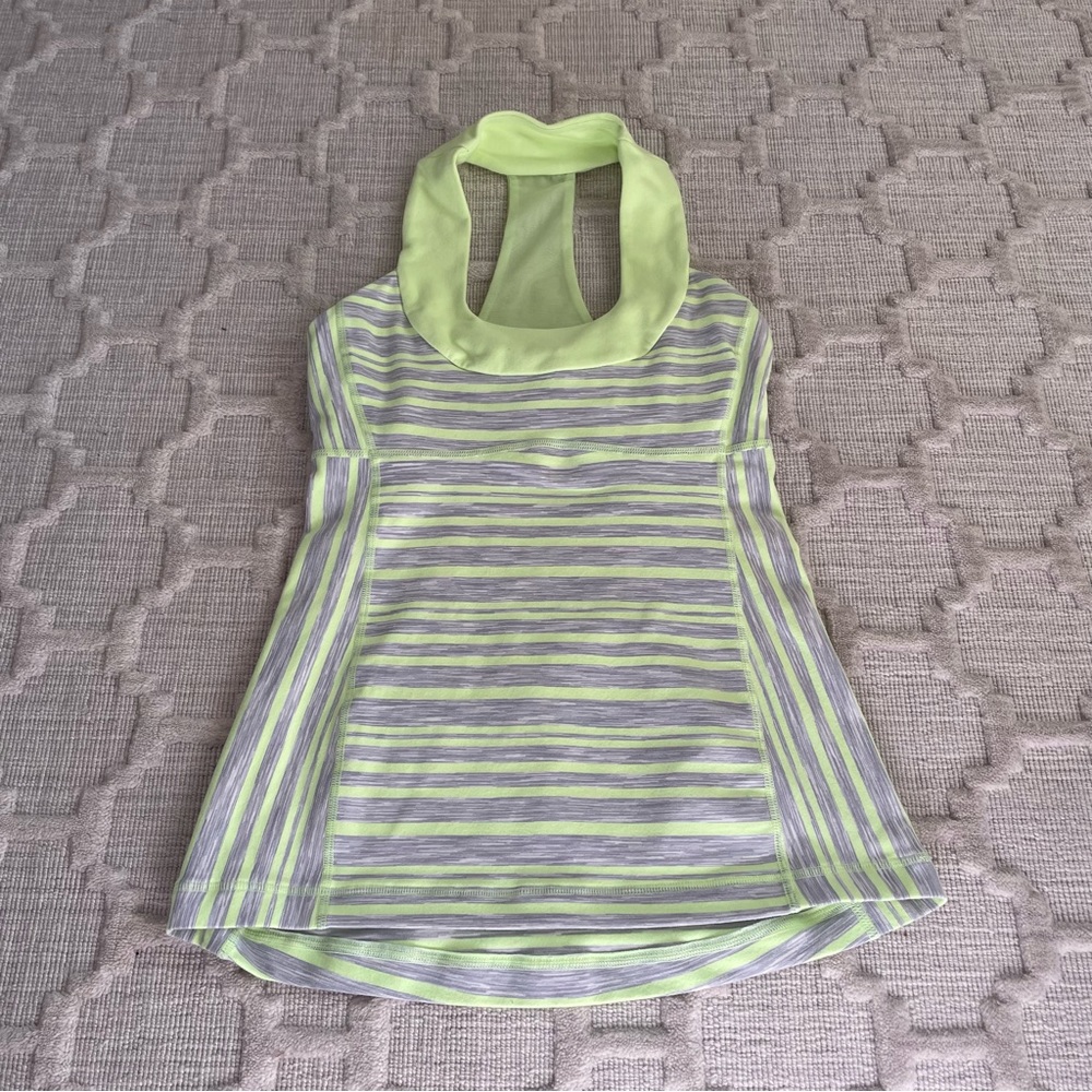 Lululemon scoop neck tank, size 4, neon green and gray striped